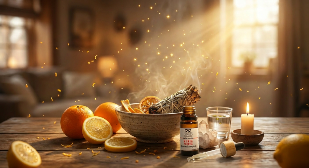 Fusión conceptual simétrica de una rodaja de naranja y hojas de menta fresca con gotas de rocío, simbolizando el equilibrio y la armonía natural para el bienestar.